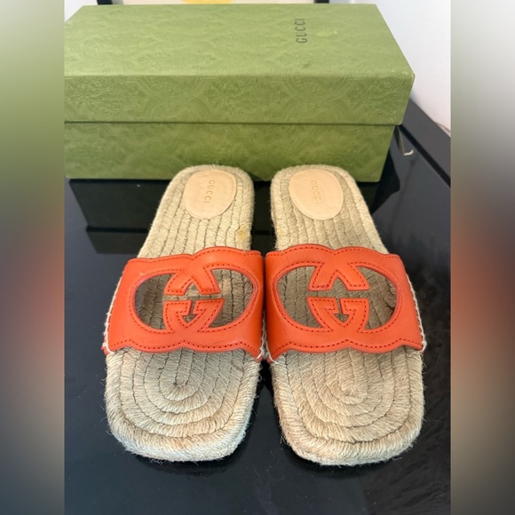 Gucci  Deep Orange G Interlocking Cut Out Espadrille Sandals -Box & Dust Bag 37 - Picture 2 of 10